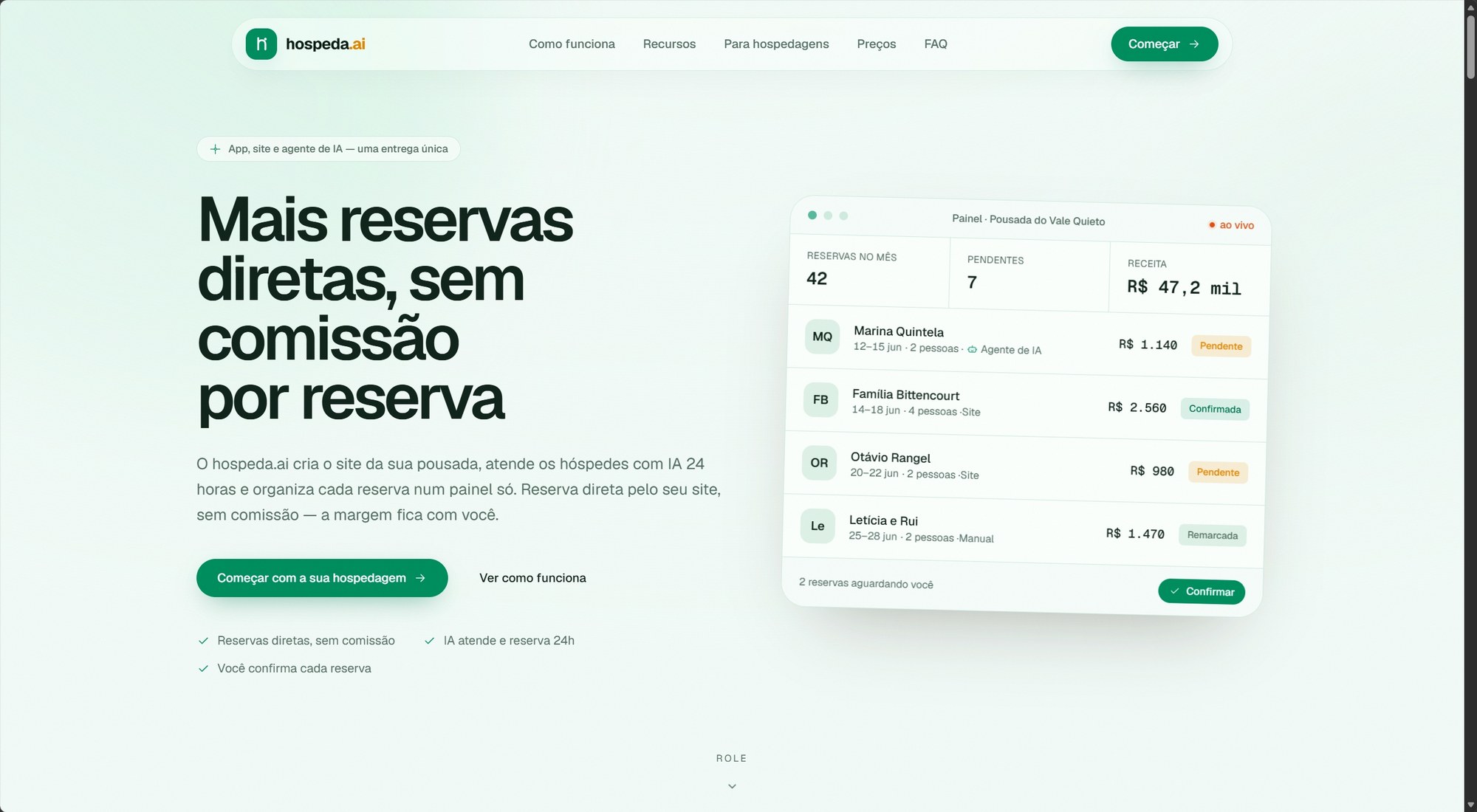 Hospeda.AI — plataforma de reservas com atendimento por IA para pousadas, chalés e campings