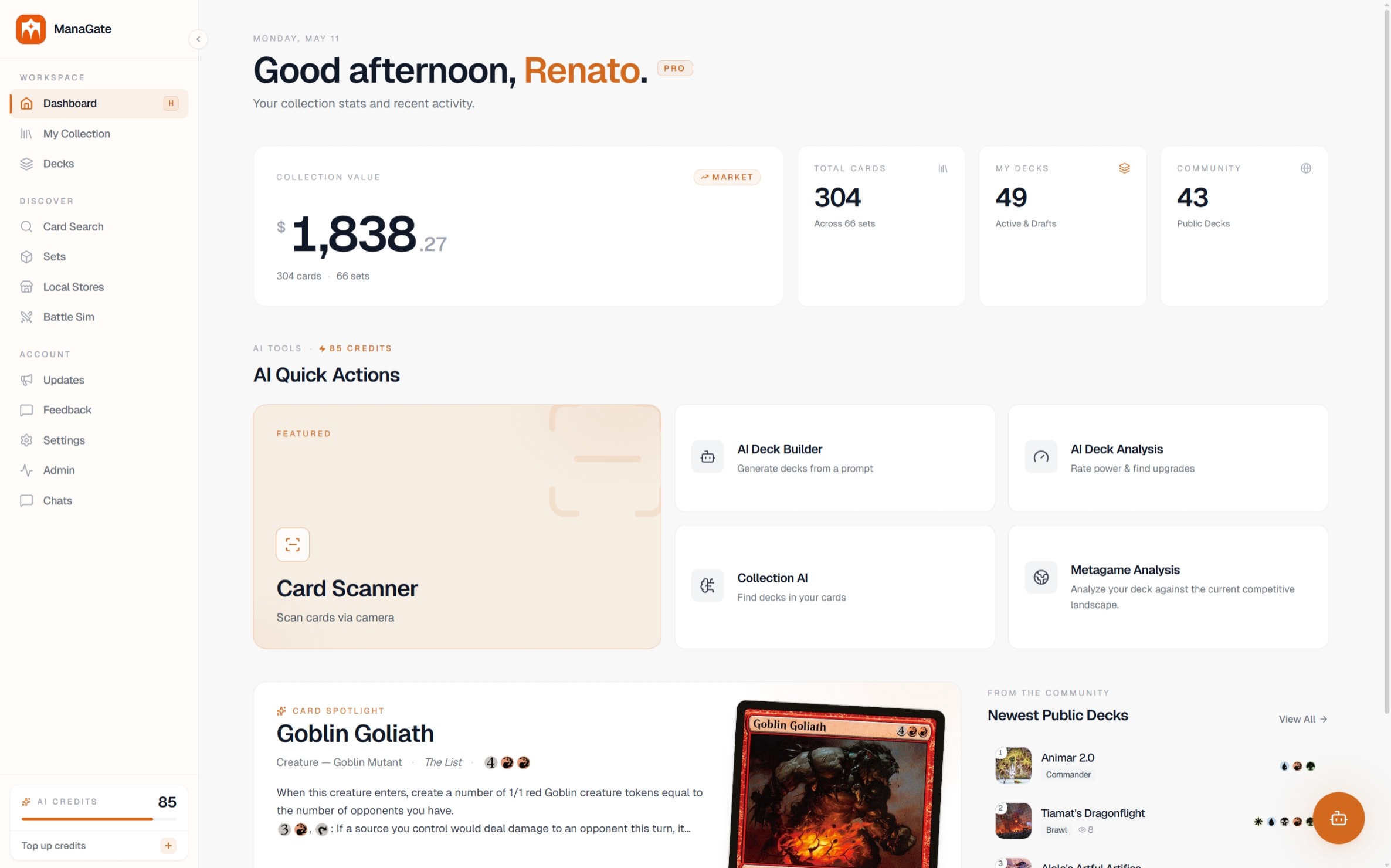 ManaGate — dashboard com estatísticas da coleção, ferramentas de IA e cards comunitários